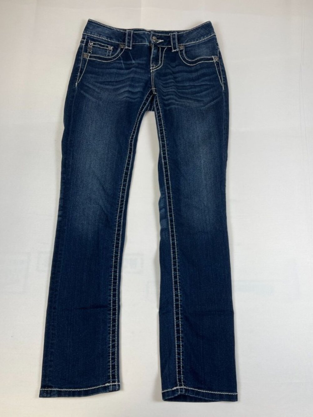 Miss Me Womens 27x32 Straight Dark Blue Thick Stitch Bling Jeans